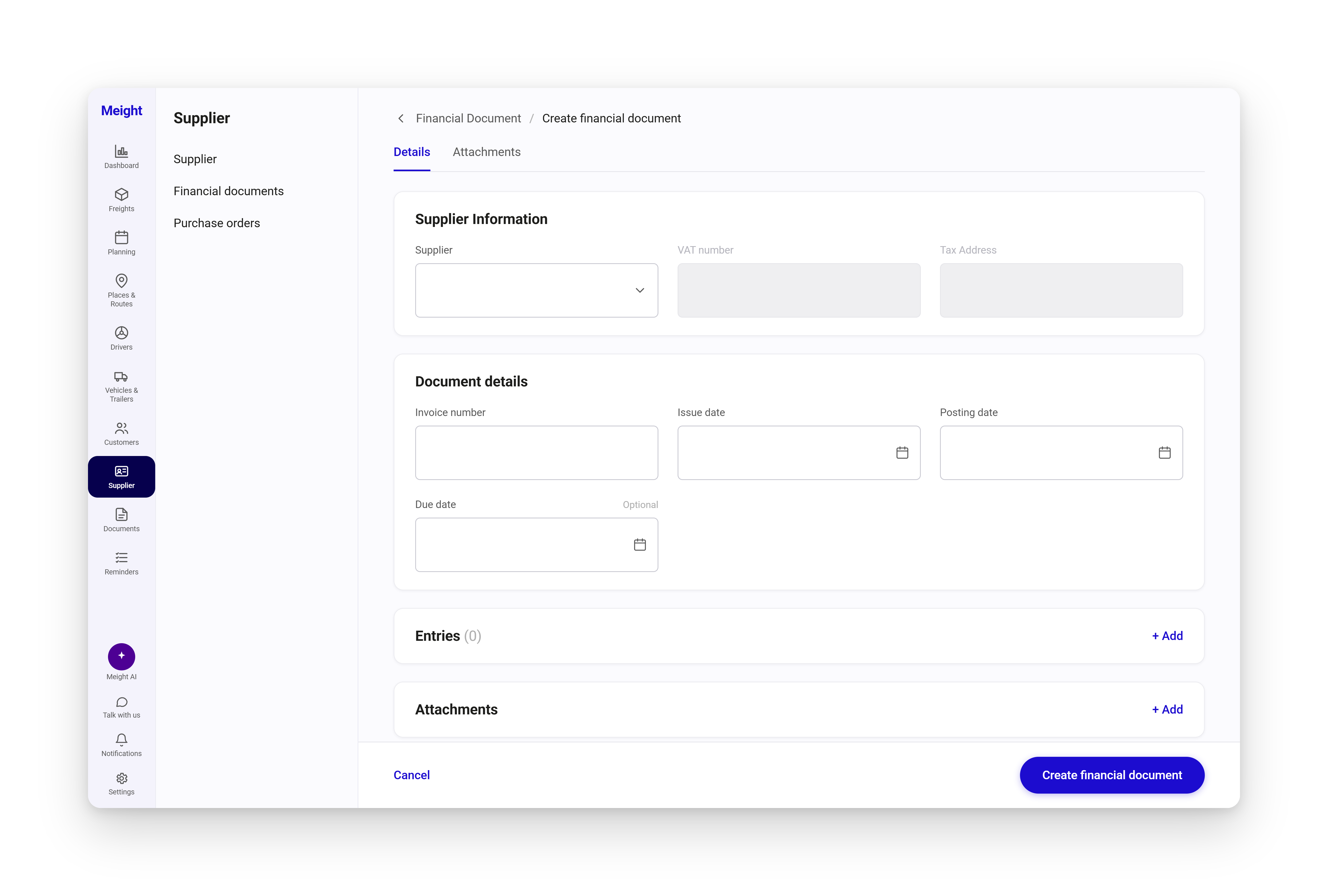 The form for adding an invoice, with the Supplier information, Document details, and Entries sections.