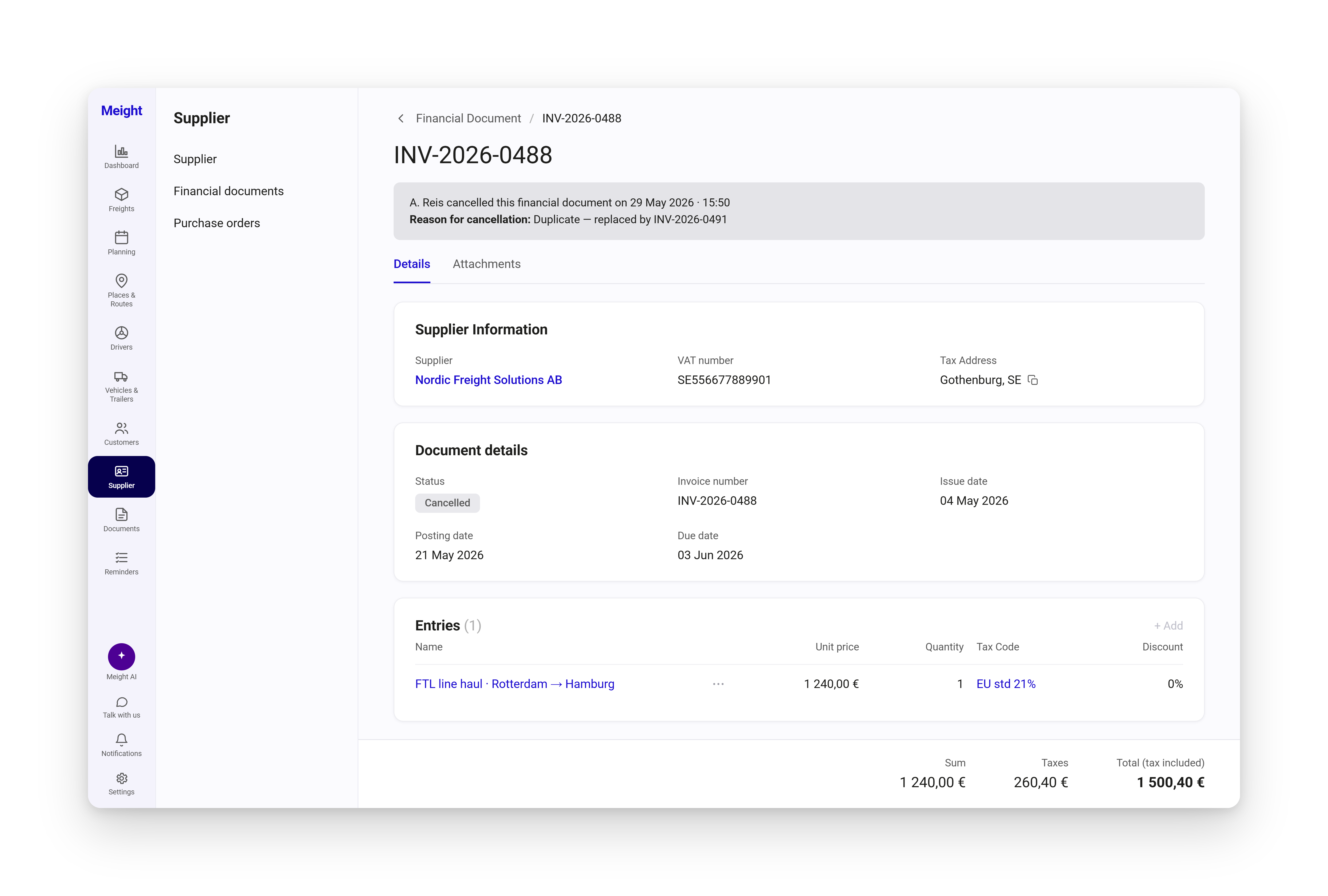 A supplier invoice in Meight showing supplier information, document details, and entries.